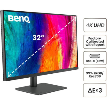 BenQ PD3205U 32 Inch 3840 x 2160 4K Designer Monitor, UHD, SRGB, Rec.709, SRGB, Hdr10, IPS, USB-C (65W), USB Hub, Aqcolor, Factory-Calibrated, Cad/Cam Mode, Hotkey Puck G2, KVM, Ergonmic, ICC Sync (Grey)