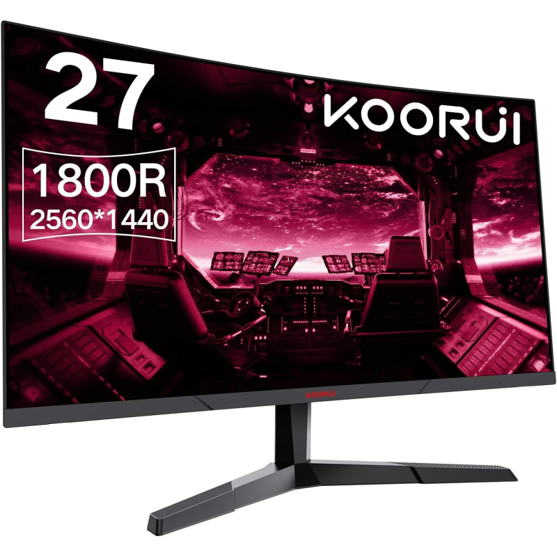 Koorui 27E6QC QHD Curved 27 Inch Monitor, Fast VA Computer Gaming Monitor (2560 x 1440P, R1800, 144Hz, 1Ms, DCI-P3 85%, DP+HDMI, Game Mode, Eye Protection, Rocker Button), Narrow Bezel On Three Sides