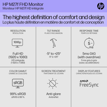 HP New 27 Inch FHD 1080P IPS LED Anti-Glare Monitor, AMD Freesync, 70Hz, 300 Nits, 2 HDMI & VGA Ports, Tilt (M27F) - Silver And Black (27 Inch)