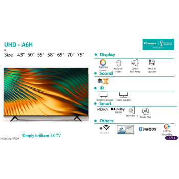 Hisense 70 Inch 4K UHD Smart Tv With Dolby Vision HDR, Bezelless, Bluetooth & Wifi, Black -  1 Year Full Warranty