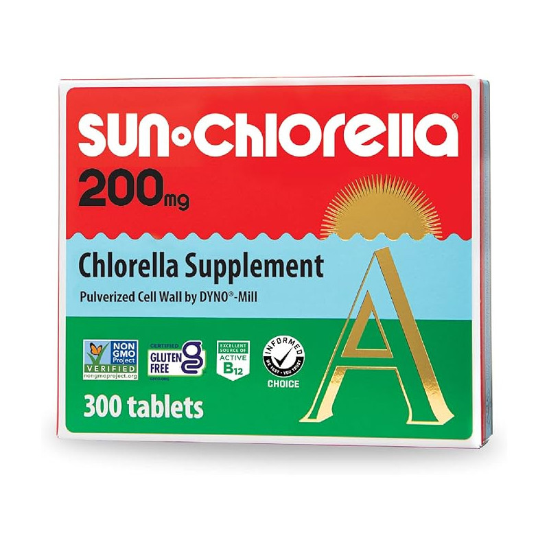 Sun Chlorella 200 mg Green Algae Superfood Supplement - Pulverized Cell Wall - Chlorophyll, CGF, Active B12, Iron, Protein - Non-GMO - 300 Tablets