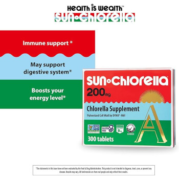 Sun Chlorella 200 mg Green Algae Superfood Supplement - Pulverized Cell Wall - Chlorophyll, CGF, Active B12, Iron, Protein - Non-GMO - 300 Tablets