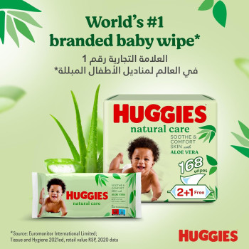 Huggies Natural Baby Wipes, Aloe Vera Wipes, 3 Pack x 56 Wipes (168 Wipes)
