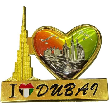 I Love Dubai(With Burj Khalifa And Heart) Gold Colour Fridge Magnet
