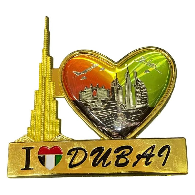 I Love Dubai(With Burj Khalifa And Heart) Gold Colour Fridge Magnet
