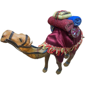 Wooden Camel Medium Sized Red Cloth Decor With Trinket 30cm Height, 30cm Length