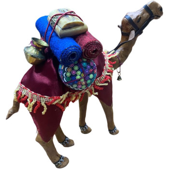 Wooden Camel Medium Sized Red Cloth Decor With Trinket 30cm Height, 30cm Length