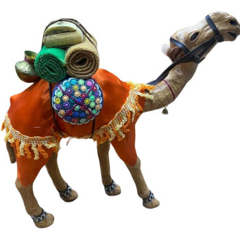 Wooden Camel Medium Sized Orange Cloth Decor With Trinket 30cm Height, 30cm Length