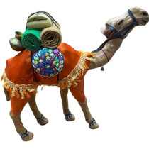Wooden Camel Medium Sized Orange Cloth Decor With Trinket 30cm Height, 30cm Length