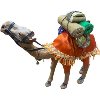 Wooden Camel Medium Sized Orange Cloth Decor With Trinket 30cm Height, 30cm Length