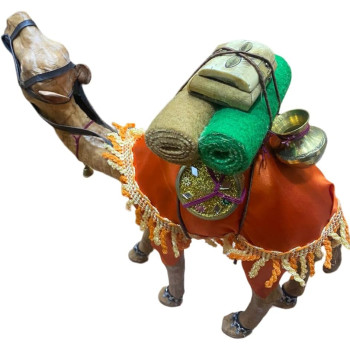 Wooden Camel Medium Sized Orange Cloth Decor With Trinket 30cm Height, 30cm Length