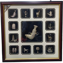Handmade Frame With 13 Souvenir With Sword Souvenir In Centre Under Glass 44x44cm