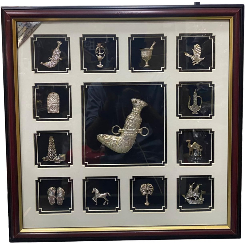 Handmade Frame With 13 Souvenir With Sword Souvenir In Centre Under Glass 44x44cm