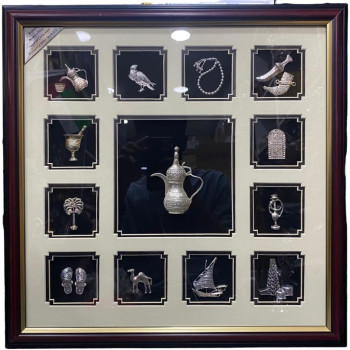 Handmade Frame With 13 Different Silver Souvenirs Under Glass 44x44cm