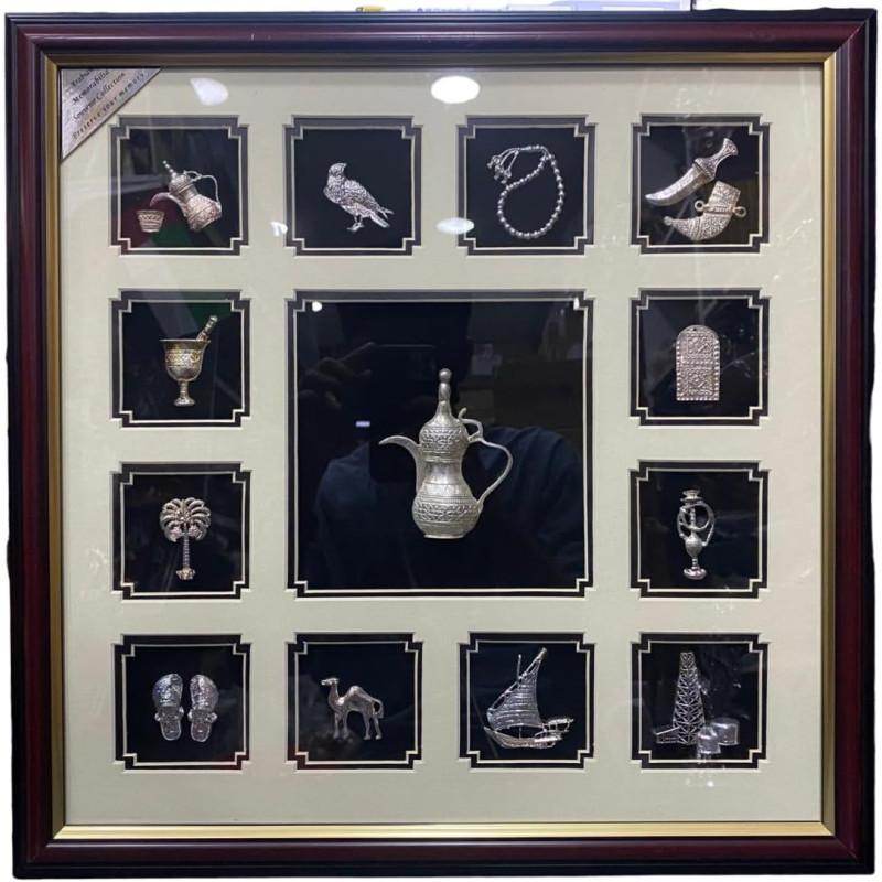 Handmade Frame With 13 Different Silver Souvenirs Under Glass 44x44cm
