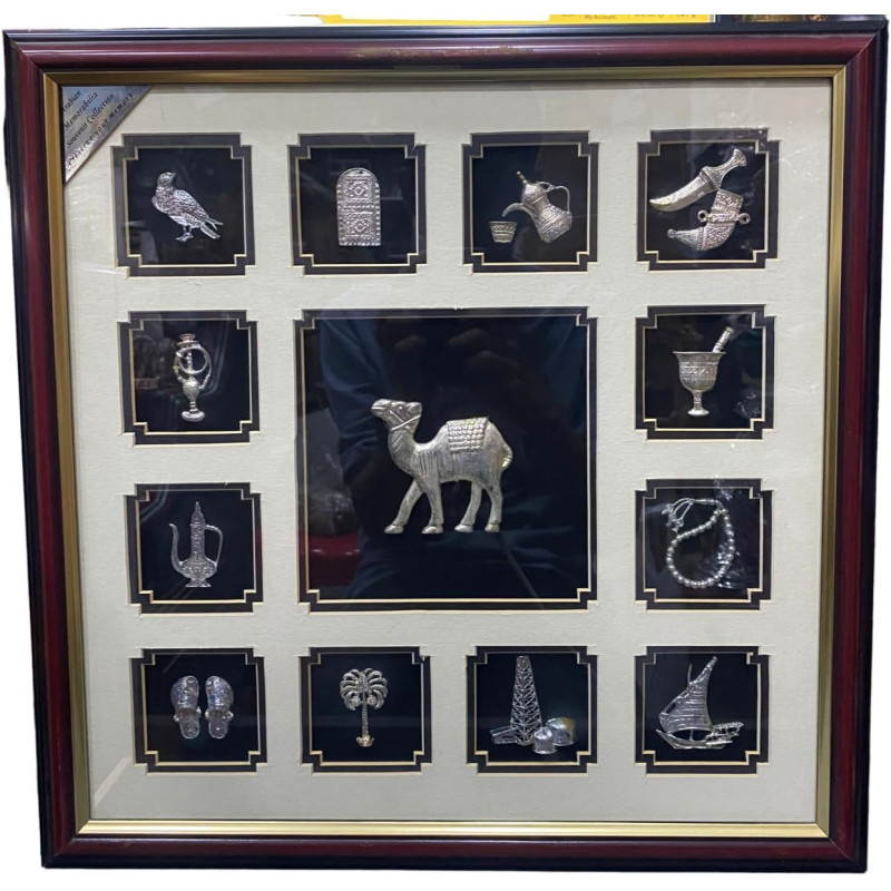 Handmade Frame With 13 Different Silver Souvenirs With Camel Souvenir Under Glass 44x44cm