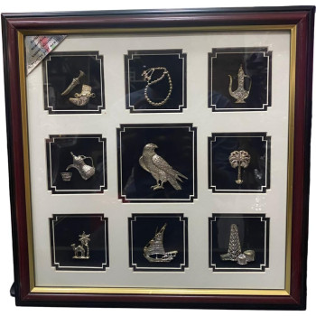 Handmade Frame With 9 Different Silver Souvenirs Under Glass 37x37cm