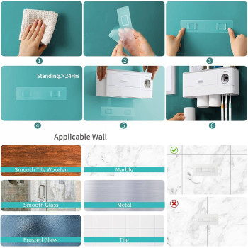 Toothbrush Holder Wall Mounted, MOPMS Automatic Toothpaste Dispenser Squeezer with Holders for Bathroom-Shelf Magnetic Cups Toothbrush Toothpaste Holder Drawer Organizer Space Saver-4 Cups Grey