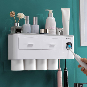 Toothbrush Holder Wall Mounted, MOPMS Automatic Toothpaste Dispenser Squeezer with Holders for Bathroom-Shelf Magnetic Cups Toothbrush Toothpaste Holder Drawer Organizer Space Saver-4 Cups Grey