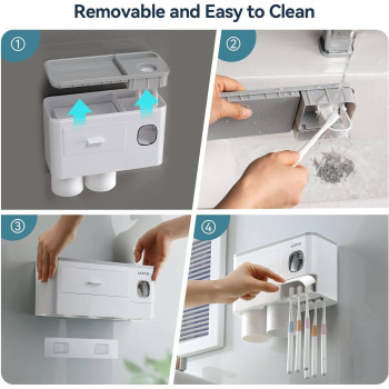 Toothbrush Holder Wall Mounted, MOPMS Automatic Toothpaste Dispenser Squeezer with Holders for Bathroom-Shelf Magnetic Cups Toothbrush Toothpaste Holder Drawer Organizer Space Saver-4 Cups Grey