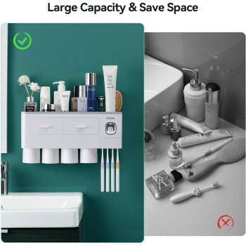 Toothbrush Holder Wall Mounted, MOPMS Automatic Toothpaste Dispenser Squeezer with Holders for Bathroom-Shelf Magnetic Cups Toothbrush Toothpaste Holder Drawer Organizer Space Saver-4 Cups Grey