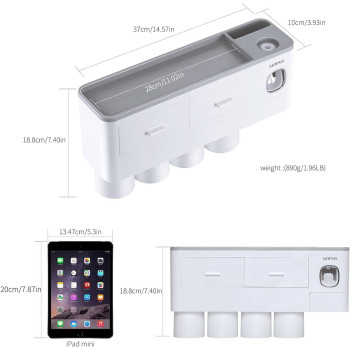 Toothbrush Holder Wall Mounted, MOPMS Automatic Toothpaste Dispenser Squeezer with Holders for Bathroom-Shelf Magnetic Cups Toothbrush Toothpaste Holder Drawer Organizer Space Saver-4 Cups Grey