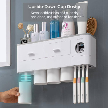 Toothbrush Holder Wall Mounted, MOPMS Automatic Toothpaste Dispenser Squeezer with Holders for Bathroom-Shelf Magnetic Cups Toothbrush Toothpaste Holder Drawer Organizer Space Saver-4 Cups Grey