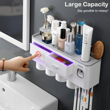 Toothbrush Holder Wall Mounted, MOPMS Automatic Toothpaste Dispenser Squeezer with Holders for Bathroom-Shelf Magnetic Cups Toothbrush Toothpaste Holder Drawer Organizer Space Saver-4 Cups Grey