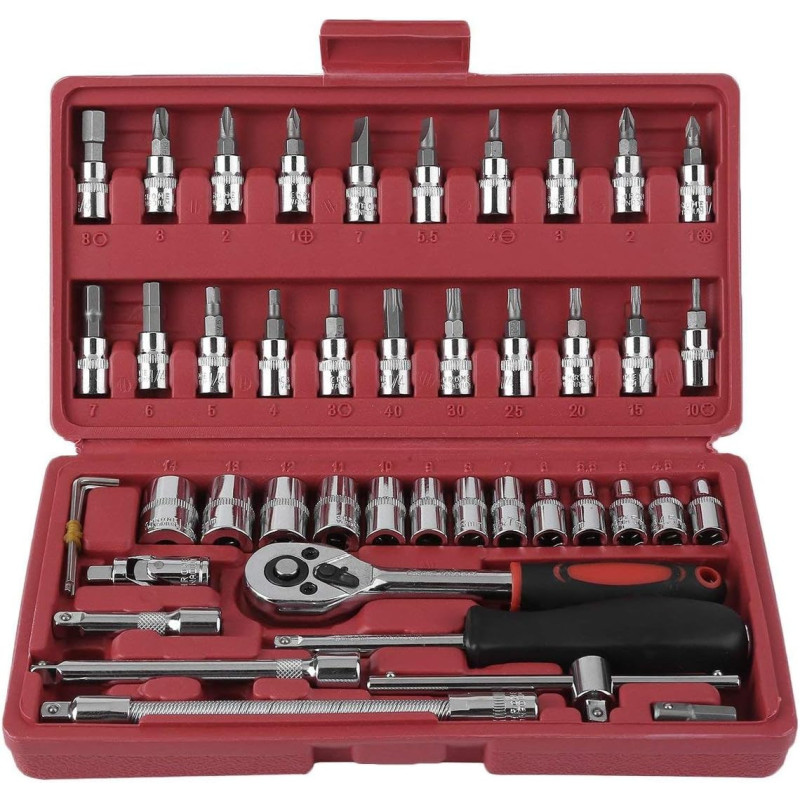 46pcs Ratchet Torque Wrench Kit Hand Tools For Car, 1/4 Inch Socket Set Durable Spanner Socket Set, Car Repair Tool