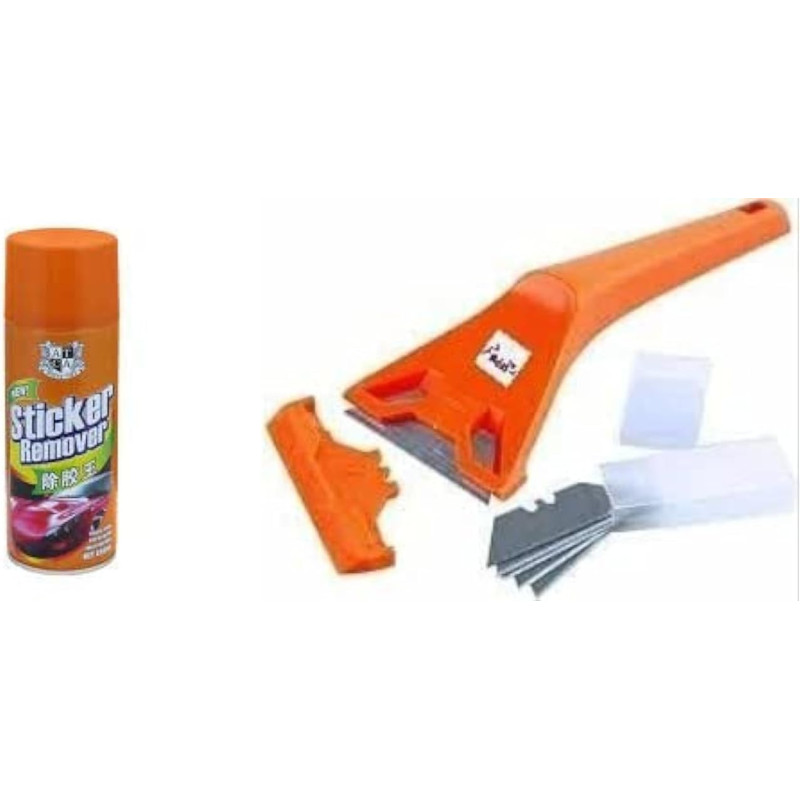 Abbasali Sticker Remover Spray 450Ml With Glass Scrapper & 10Pcs Spare Blades Used To Remove Stickers From Glasses And Other Uses