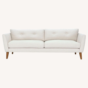 Deep Sleep Office Sofa - a modern, white 3-seater. Stylishly upholstered and supported by cherry-stained wood legs. (WHITE)