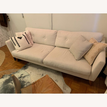Deep Sleep Office Sofa - a modern, white 3-seater. Stylishly upholstered and supported by cherry-stained wood legs. (WHITE)