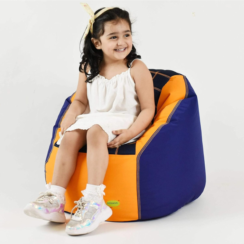 Deep Sleep Kids Sports Chair Sofa Bean Bag Polyester Fabric with Mesh Seat for Kids upto 12 Years Furniture Chair Bean Bag: D 70x W 60x H 65cm (Dark Blue & Yellow)