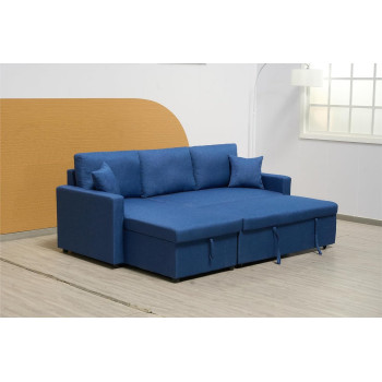 Deep Sleep Sofa Cum Bed With Cushions L-Shaped, Storage Space, Convertible Living Room Furniture (Blue)