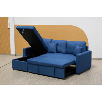 Deep Sleep Sofa Cum Bed With Cushions L-Shaped, Storage Space, Convertible Living Room Furniture (Blue)