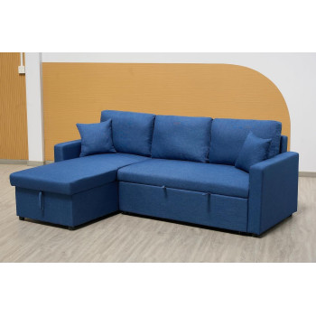 Deep Sleep Sofa Cum Bed With Cushions L-Shaped, Storage Space, Convertible Living Room Furniture (Blue)