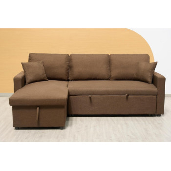 Deep Sleep Sofa Cum Bed With Cushions L-Shaped, Storage Space, Convertible Living Room Furniture (Brown)