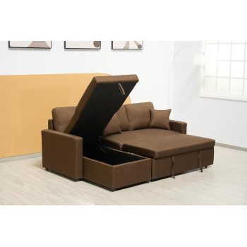 Deep Sleep Sofa Cum Bed With Cushions L-Shaped, Storage Space, Convertible Living Room Furniture (Brown)