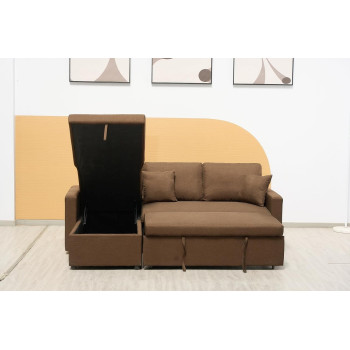 Deep Sleep Sofa Cum Bed With Cushions L-Shaped, Storage Space, Convertible Living Room Furniture (Brown)