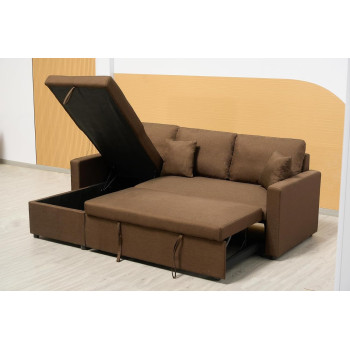 Deep Sleep Sofa Cum Bed With Cushions L-Shaped, Storage Space, Convertible Living Room Furniture (Brown)