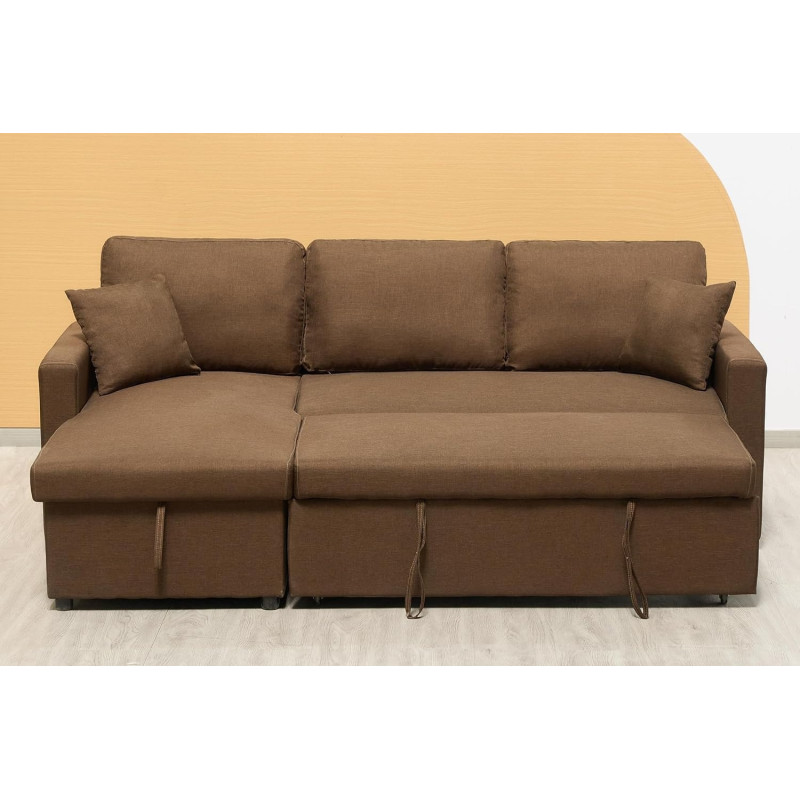 Deep Sleep Sofa Cum Bed With Cushions L-Shaped, Storage Space, Convertible Living Room Furniture (Brown)