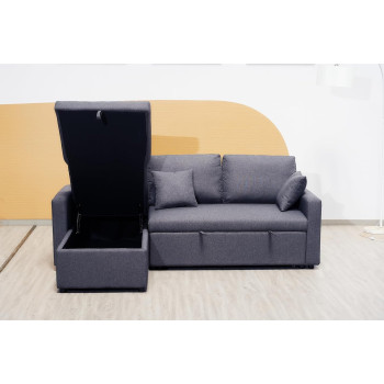 Deep Sleep Sofa Cum Bed With Cushions L-Shaped, Storage Space, Convertible Living Room Furniture (Gray)