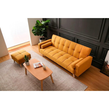 Light luxury fabric sofa bed sectional Furniture with square ottoman (Yellow)