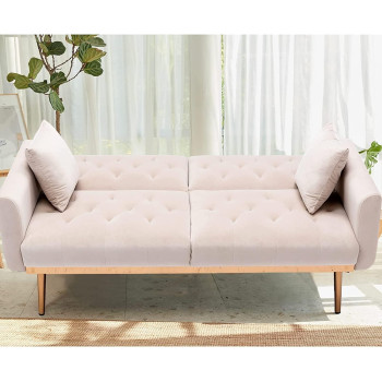 Light Luxury Velvet Convertible Modern Sofa Cum Bed (Beige)