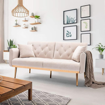 Light Luxury Velvet Convertible Modern Sofa Cum Bed (Beige)
