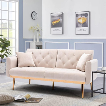 Light Luxury Velvet Convertible Modern Sofa Cum Bed (Beige)