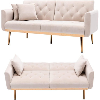 Light Luxury Velvet Convertible Modern Sofa Cum Bed (Beige)
