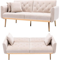 Light Luxury Velvet Convertible Modern Sofa Cum Bed (Beige)
