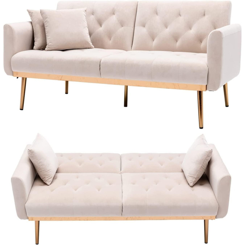 Light Luxury Velvet Convertible Modern Sofa Cum Bed (Beige)