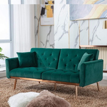 Light Luxury Velvet Convertible Modern Sofa Cum Bed (Dark Green)